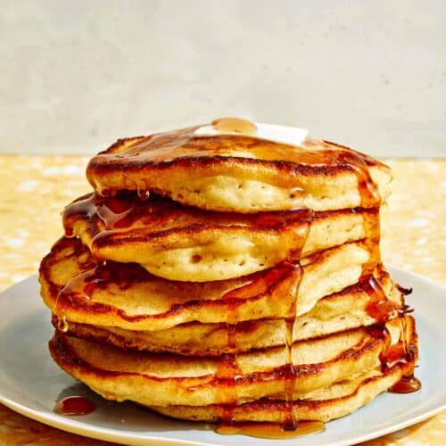 Buttermilk Pancake recipe with syrup poured on top.