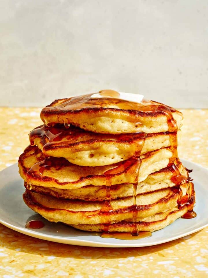 Buttermilk Pancake recipe with syrup poured on top.