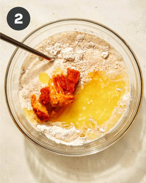 Pumpkin waffle batter ready to be mixed together.