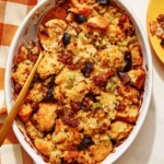 Sausage stuffing recipe in a casserole dish with a scoop out.