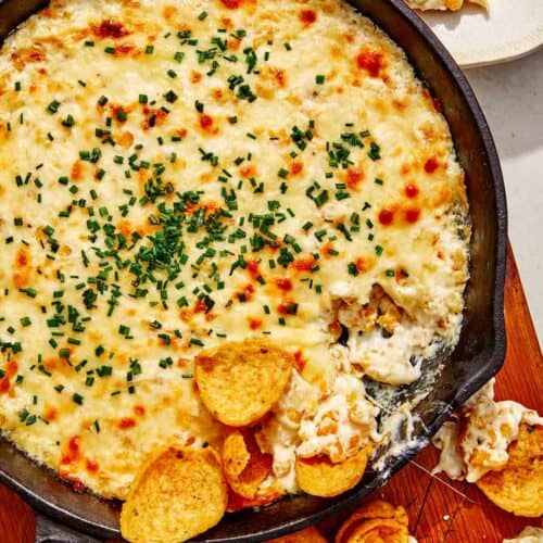 Creamed corn dip recipe with chips on the side.