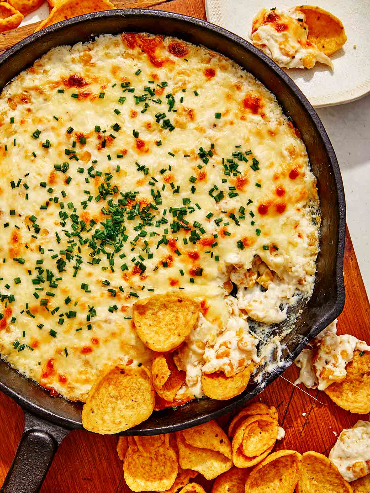 Creamed corn dip recipe with chips on the side. 