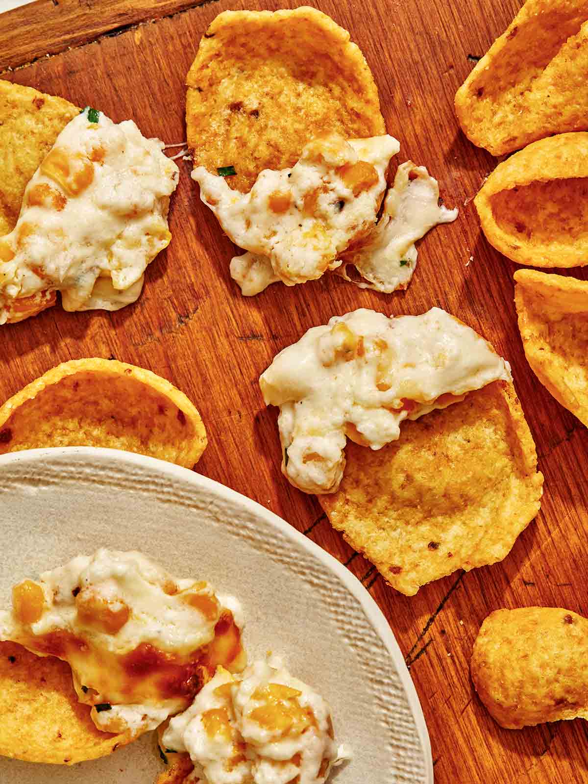 Creamed corn dip on corn chips. 