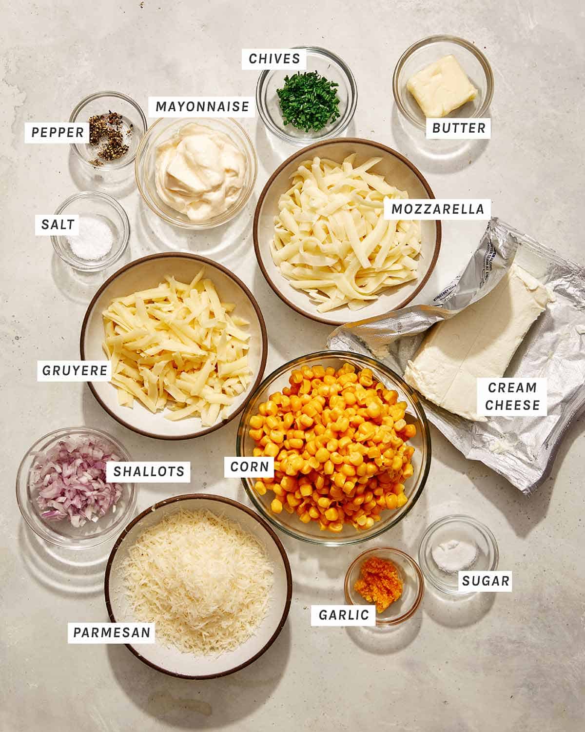 Creamed Corn Dip ingredients on a kitchen counter.