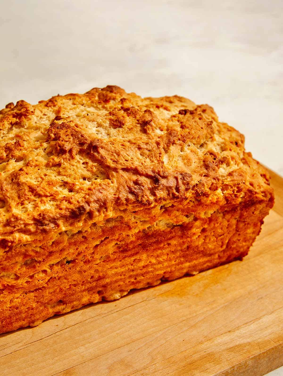 Beer bread on a cutting board. 