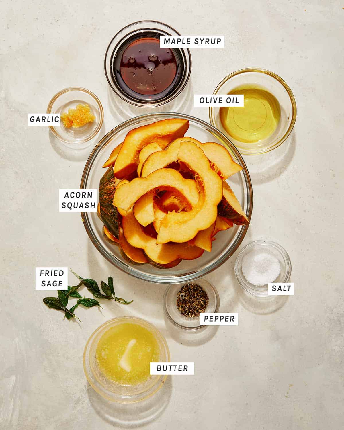 Roasted acorn squash ingredients all laid out.