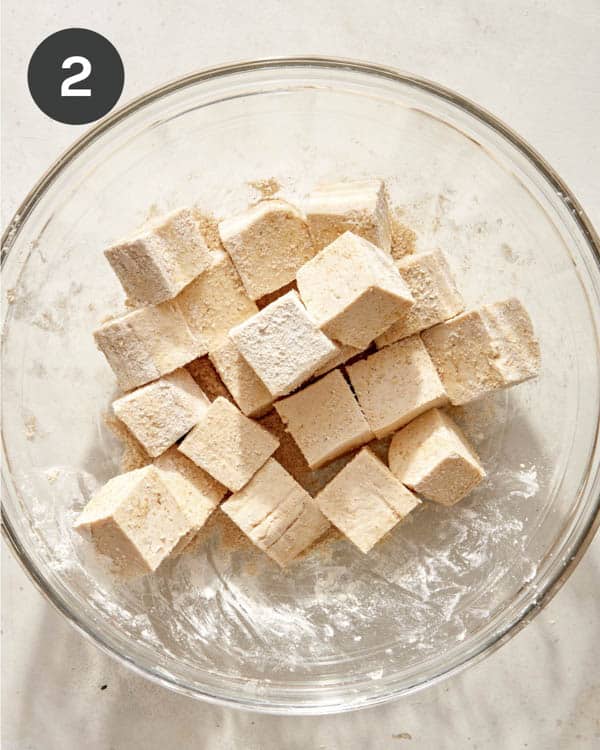 Cubed tofu dredged in spices.