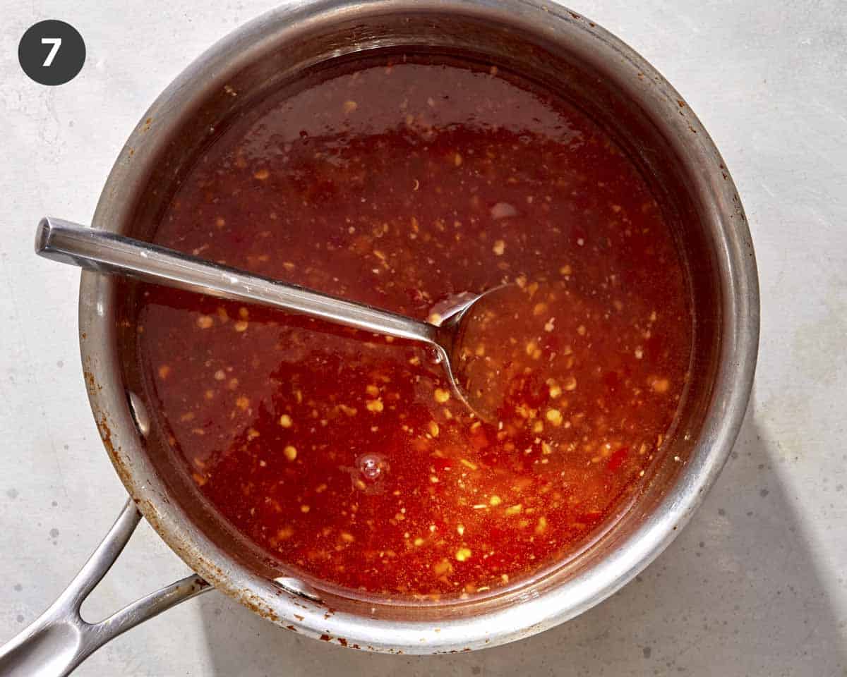 Sweet chili sauce on a pot cooling. 