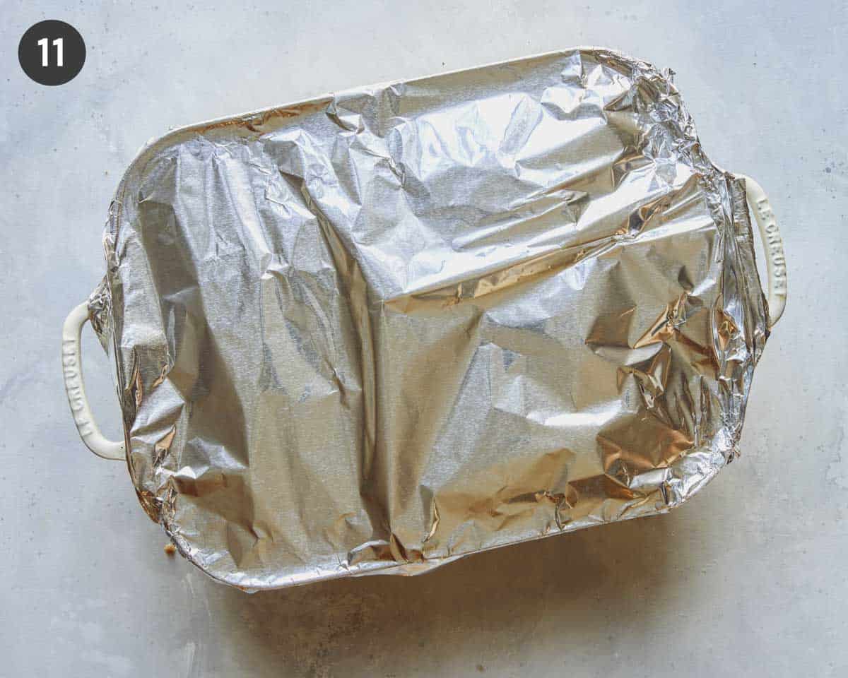 Sausage strata wrapped in foil to be baked. 