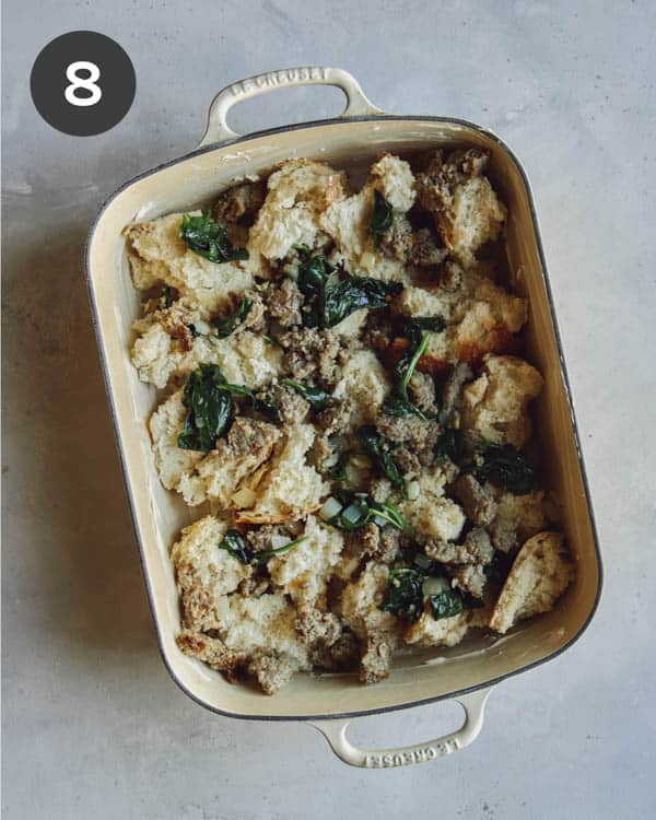 Process of layering the sausage strata recipe in a baking dish.