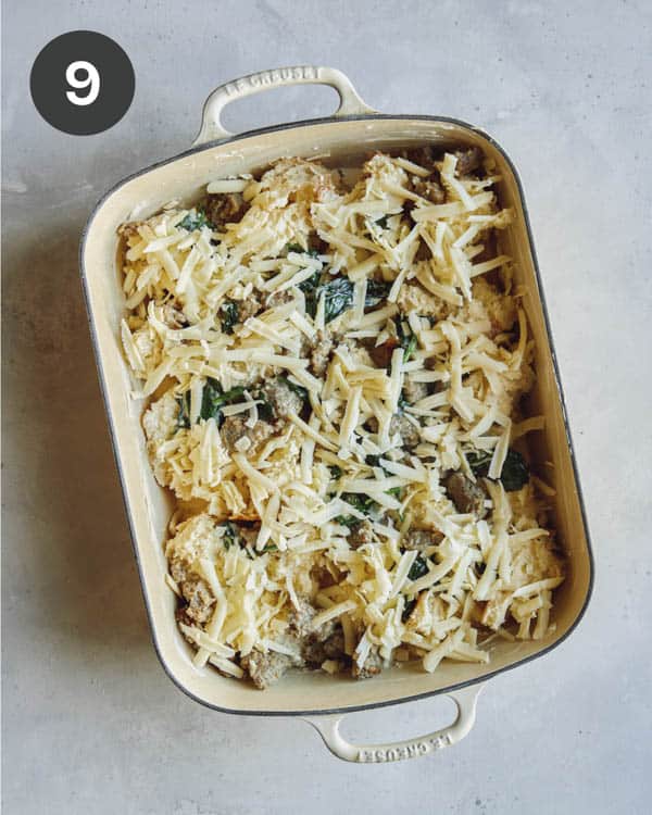 Process of layering the sausage strata recipe in a baking dish.