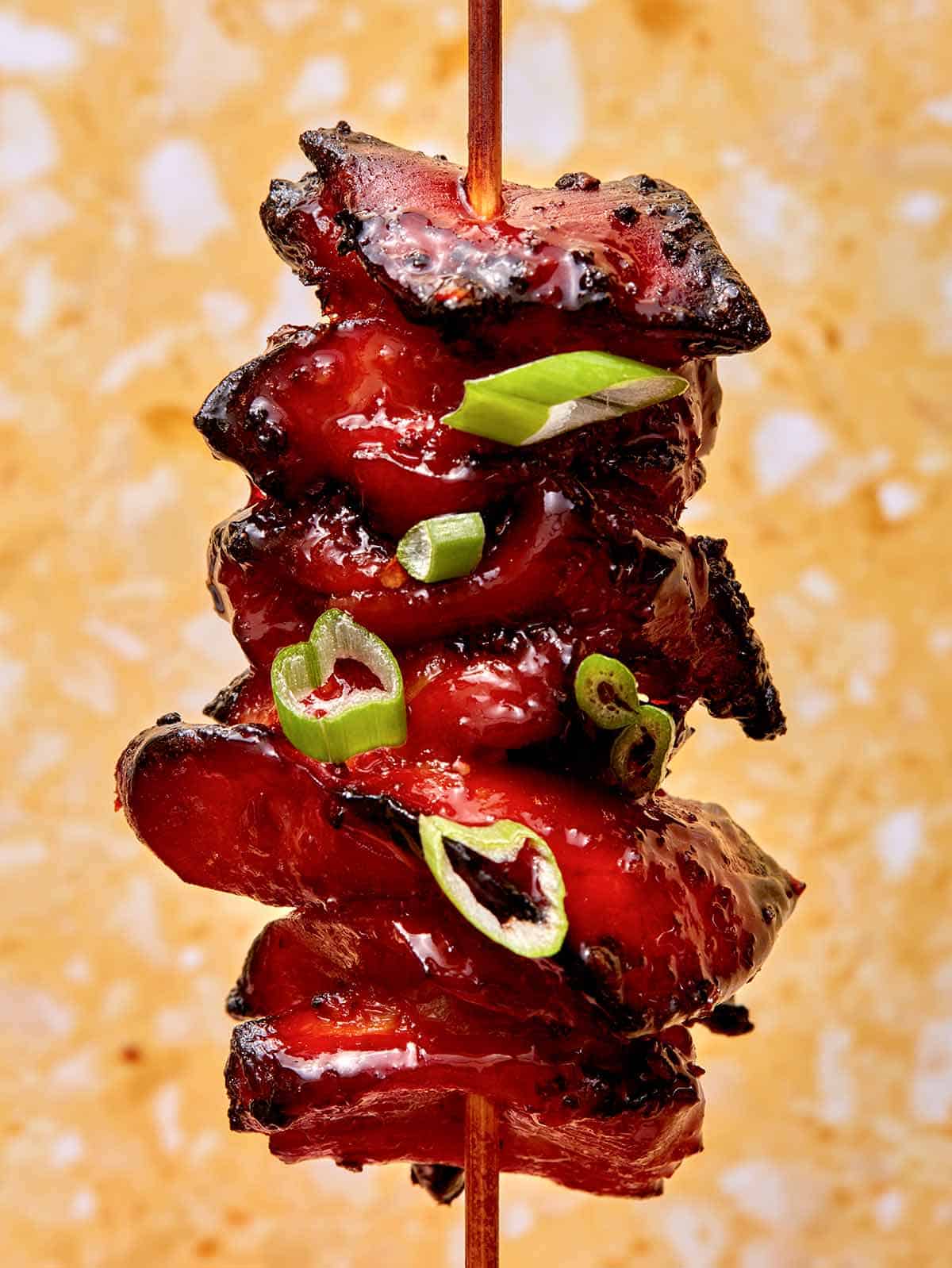 Close up on an air fryer chicken skewer.