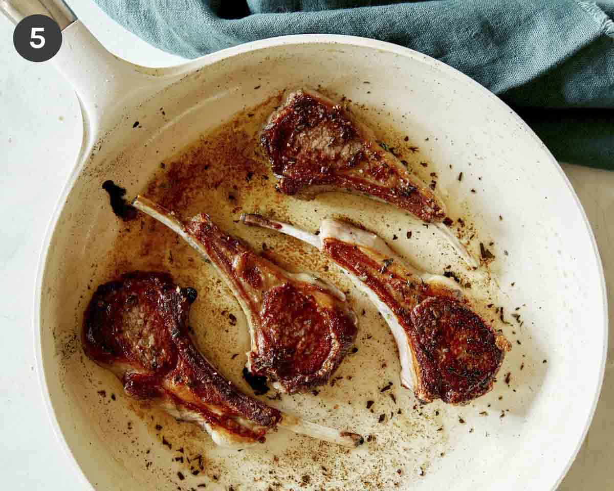 A close up on freshly seared lamb chops so you can see the sear.