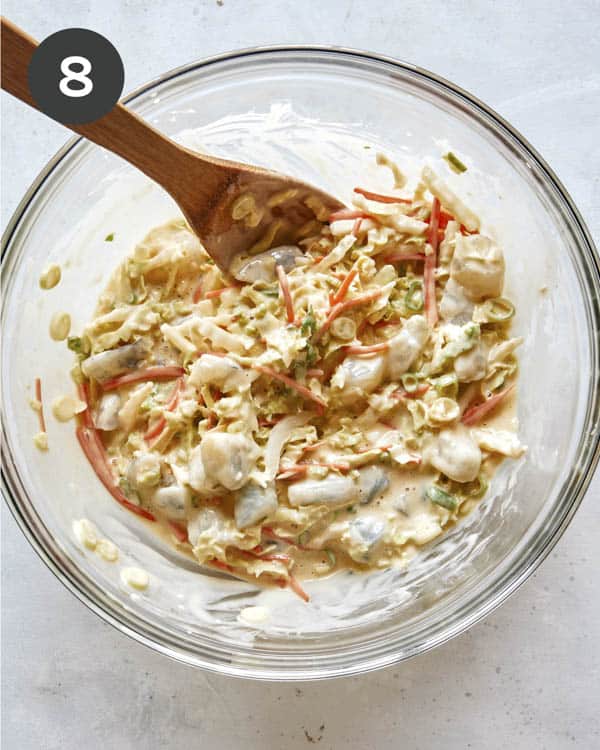 Shrimp okonomiyaki batter in a glass bowl.