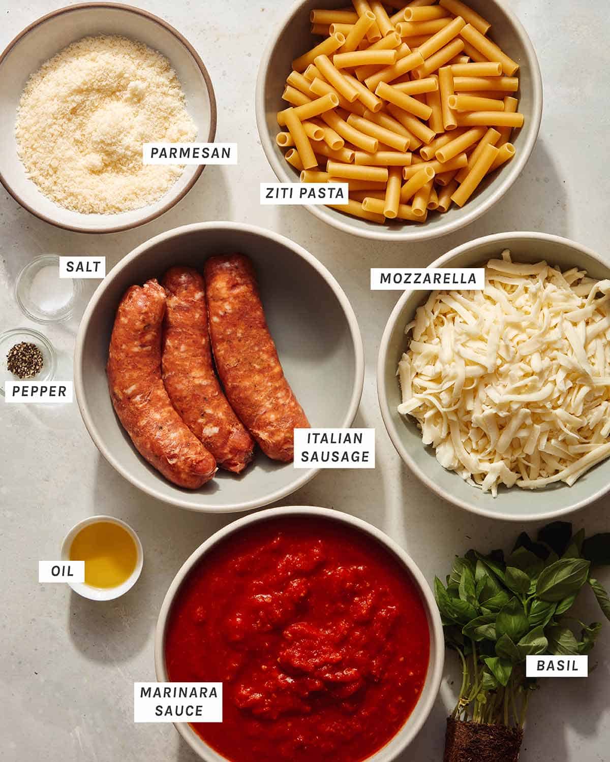 Ingredients to make baked ziti. 