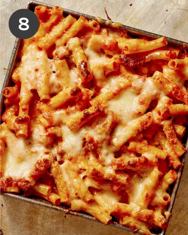 Baked ziti baked in a baking dish. 