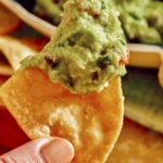 A hand holding up a chip with guacamole on it.