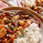 Close up of a bowl of gumbo with rice on the side.