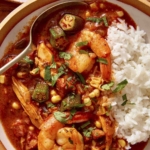 Close up on one big bowl of gumbo with a spoon in it.