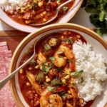 Two bowls of gumbo with cilantro on the side.