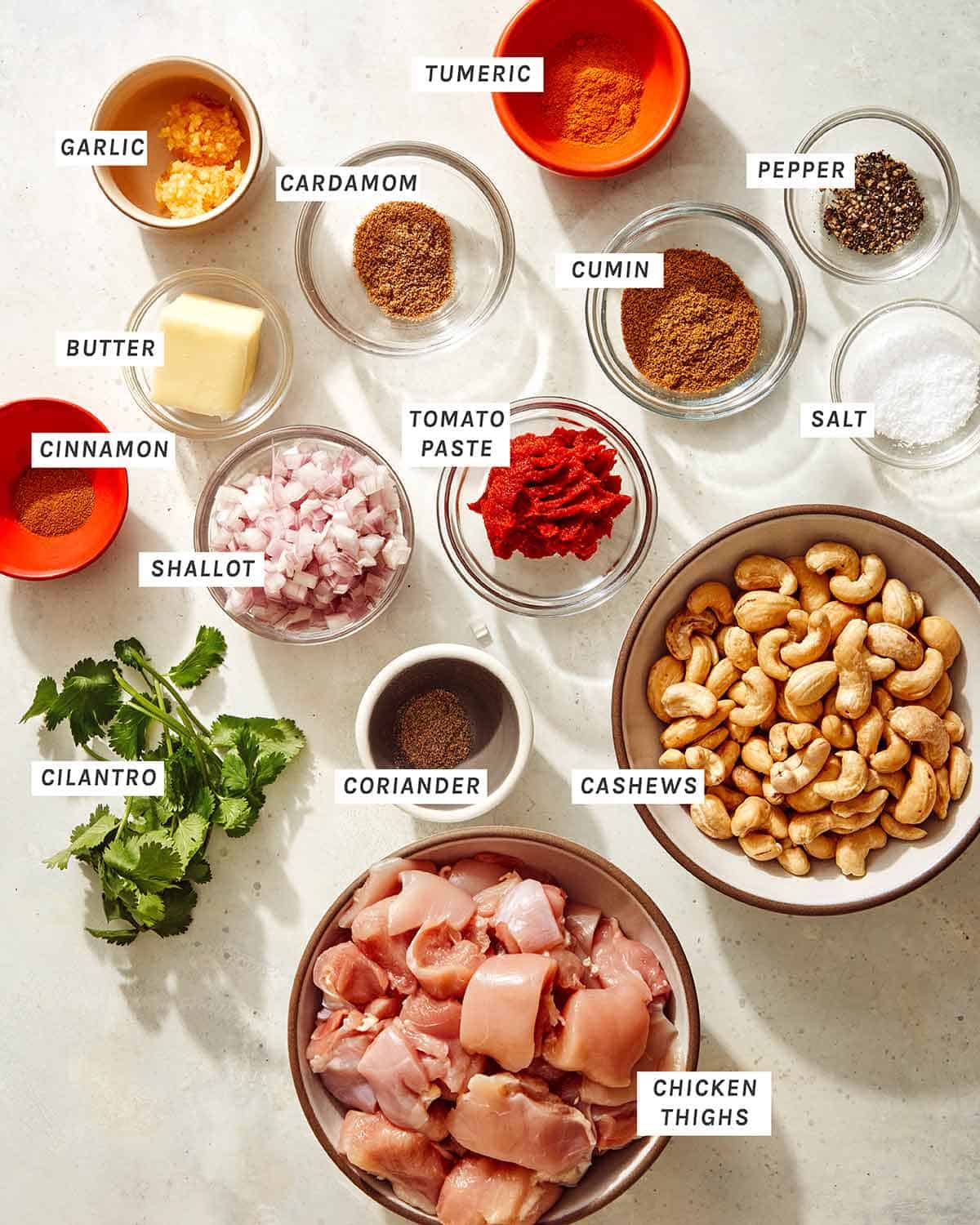 Ingredients to make Chicken Korma. 