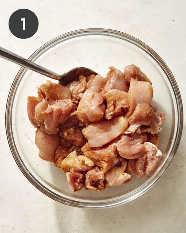 Chicken thighs in a bowl with seasoning for chicken korma. 