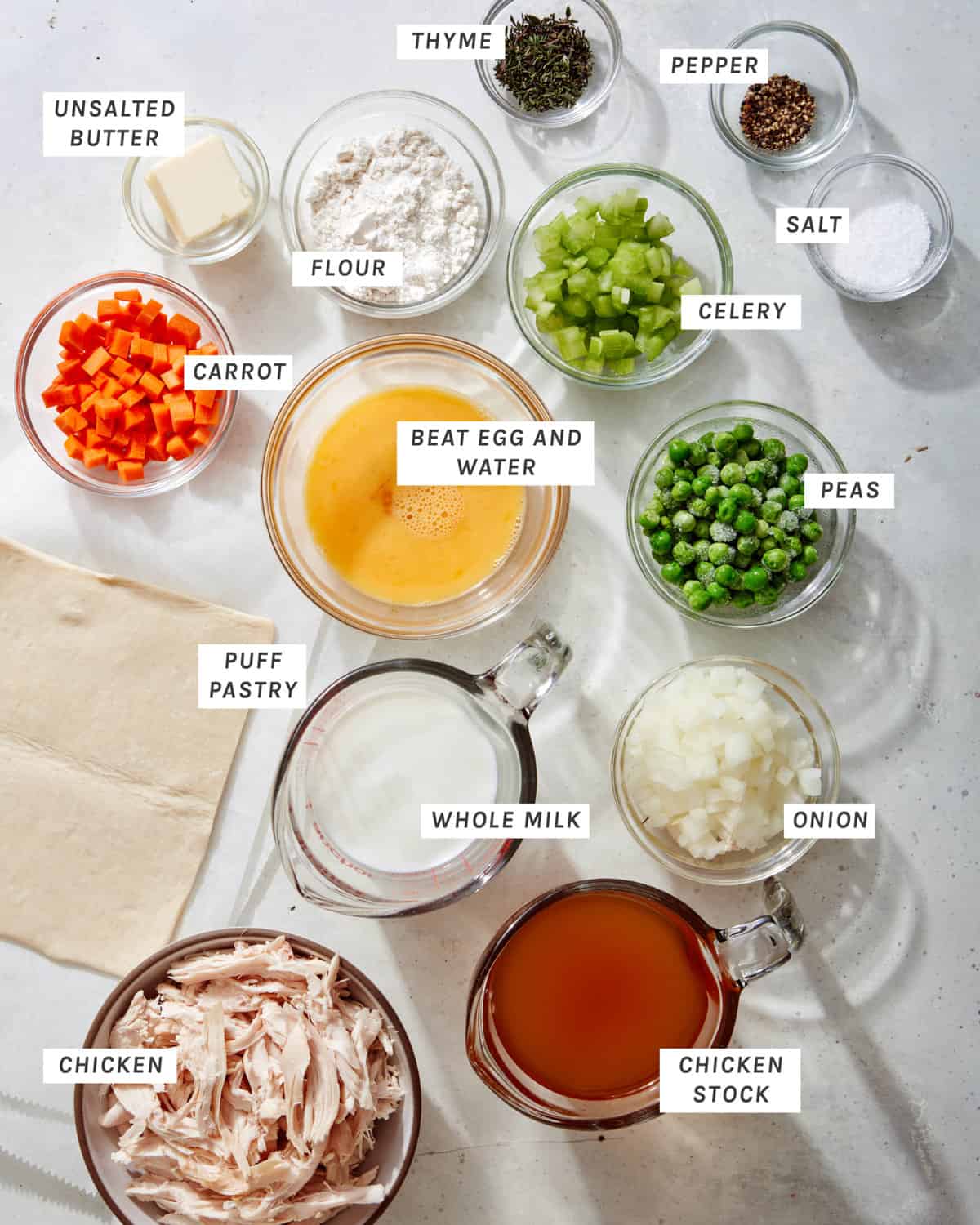 Ingredients for chicken pot pie in a skillet. 