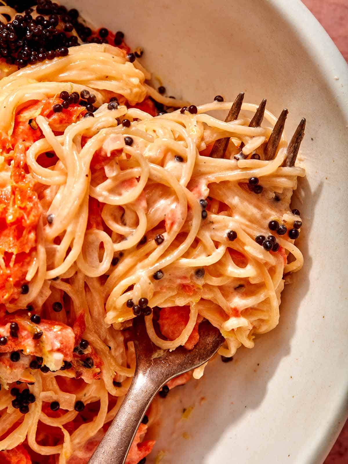Close up on a fork wound with creamy smoked salmon pasta. 