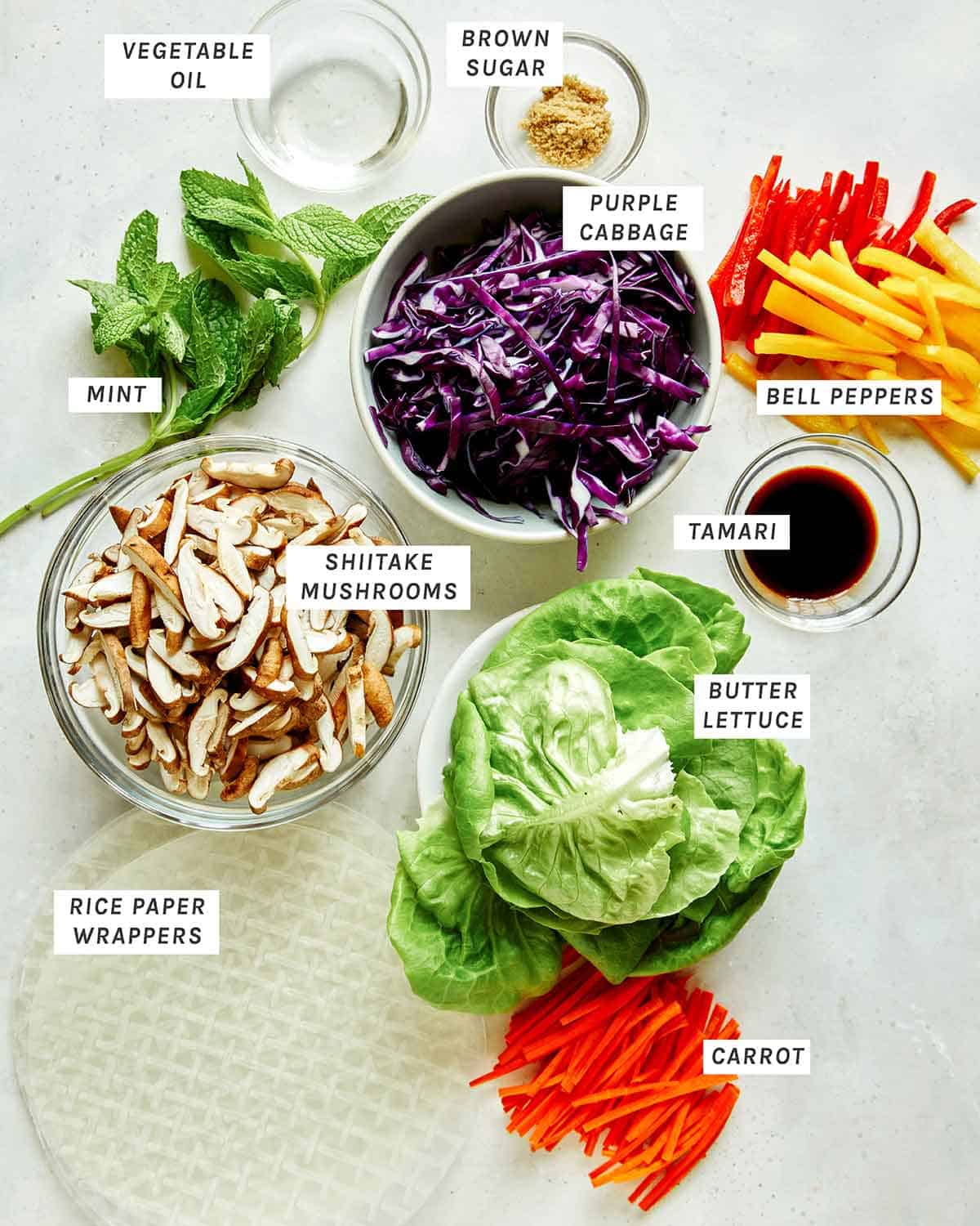 Spring roll filling ingredients and assembly ingredients.