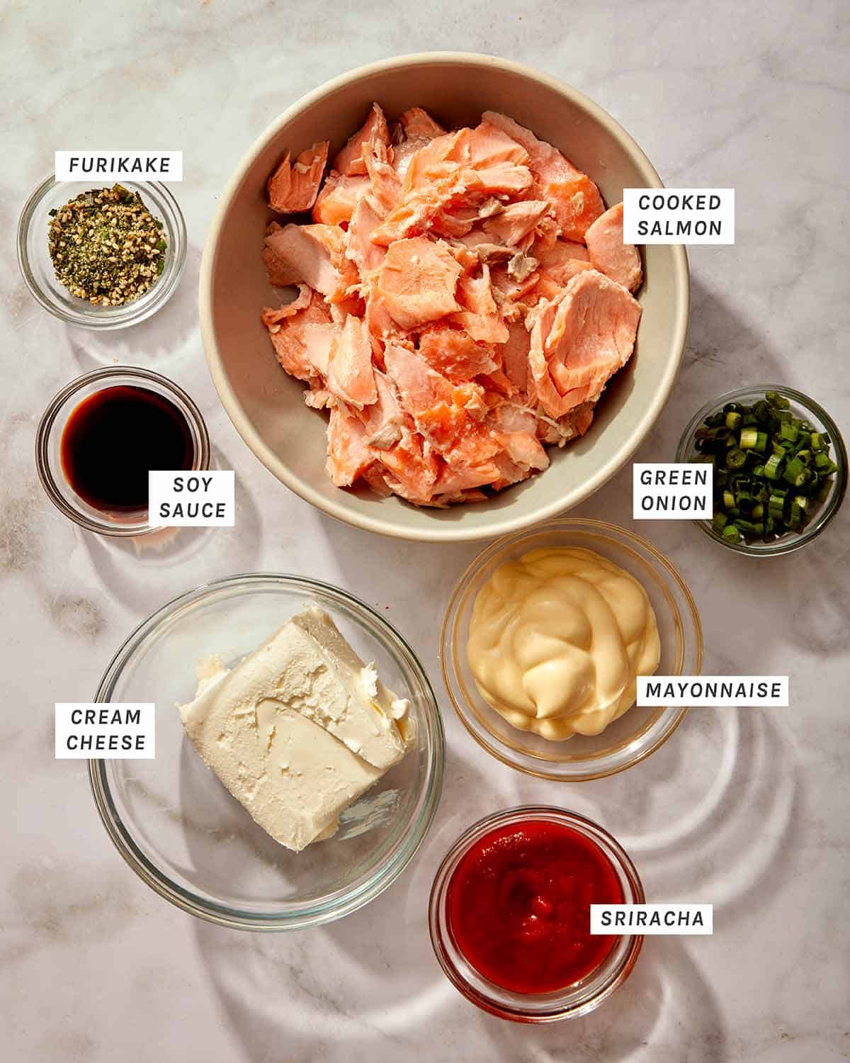Ingredients for a salmon sushi bake .