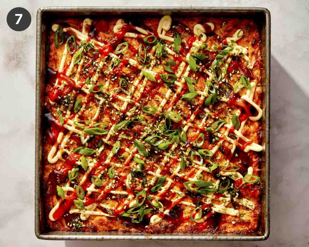 Salmon sushi bake in a baking dish ready to be served.
