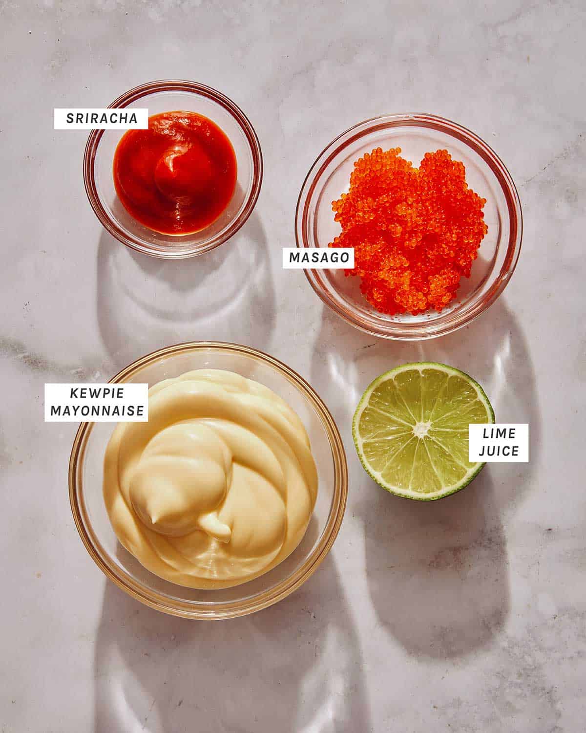 Masago sauce ingredients on a kitchen table. 