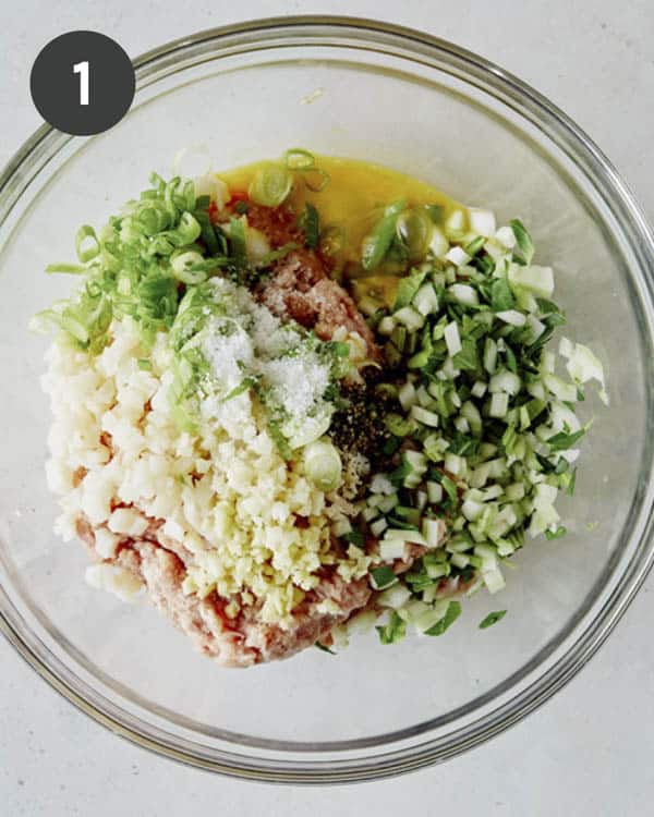 Potsticker filling ingredients in a bowl.