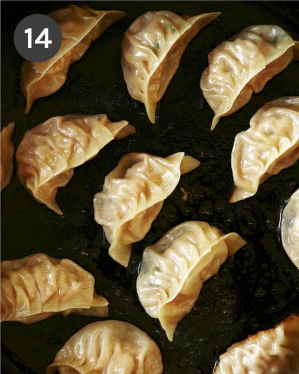 potstickers cooking in a skillet. 