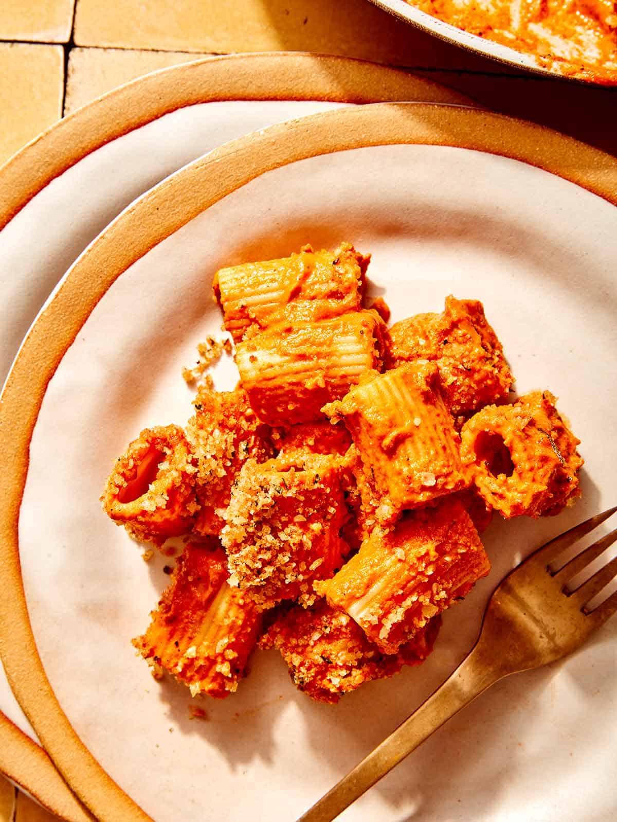 A plate of romesco sauce pasta. 