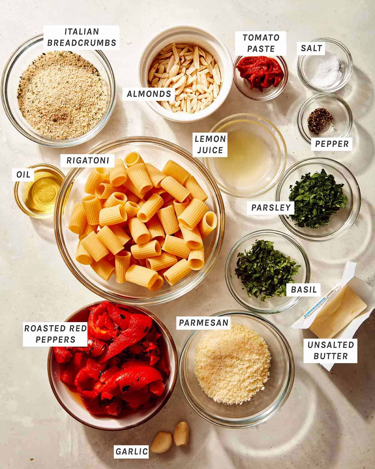 Ingredients to make romesco sauce pasta.