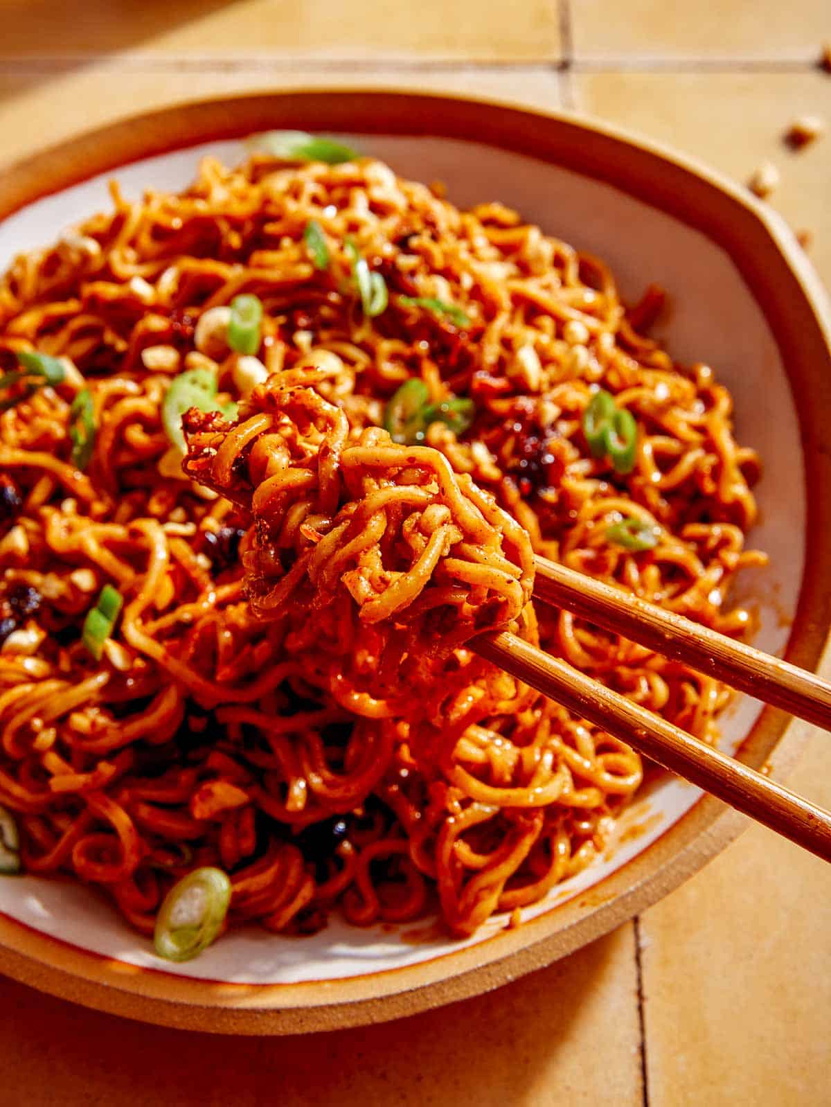 Spicy ramen noodles in a bowl.