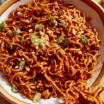 Spicy ramen noodles in a bowl with chopsticks.