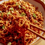 Spicy ramen noodles in a bowl with chopsticks.