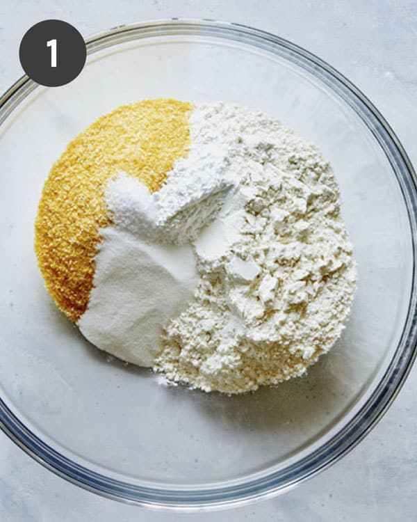 Dry ingredients in a bowl to make biscuits for strawberry shortcake. 