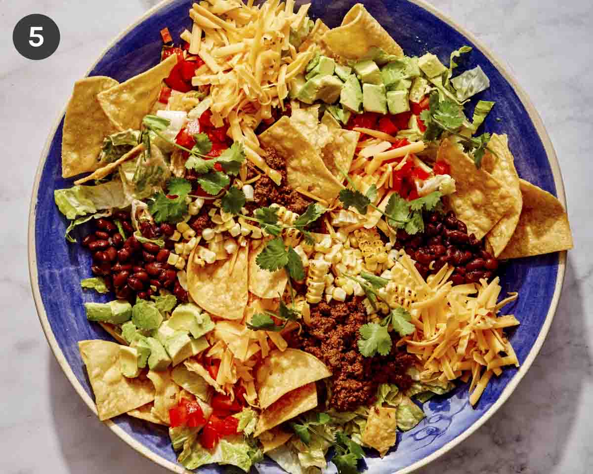 Taco salad up close in a big bowl.