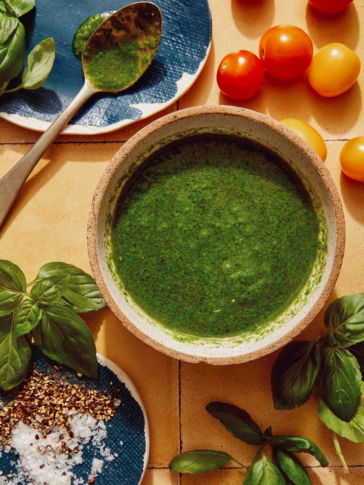 Basil vinaigrette in a bowl.