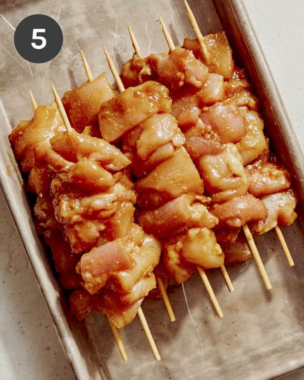 Chicken skewered ready to make bang bang chicken.