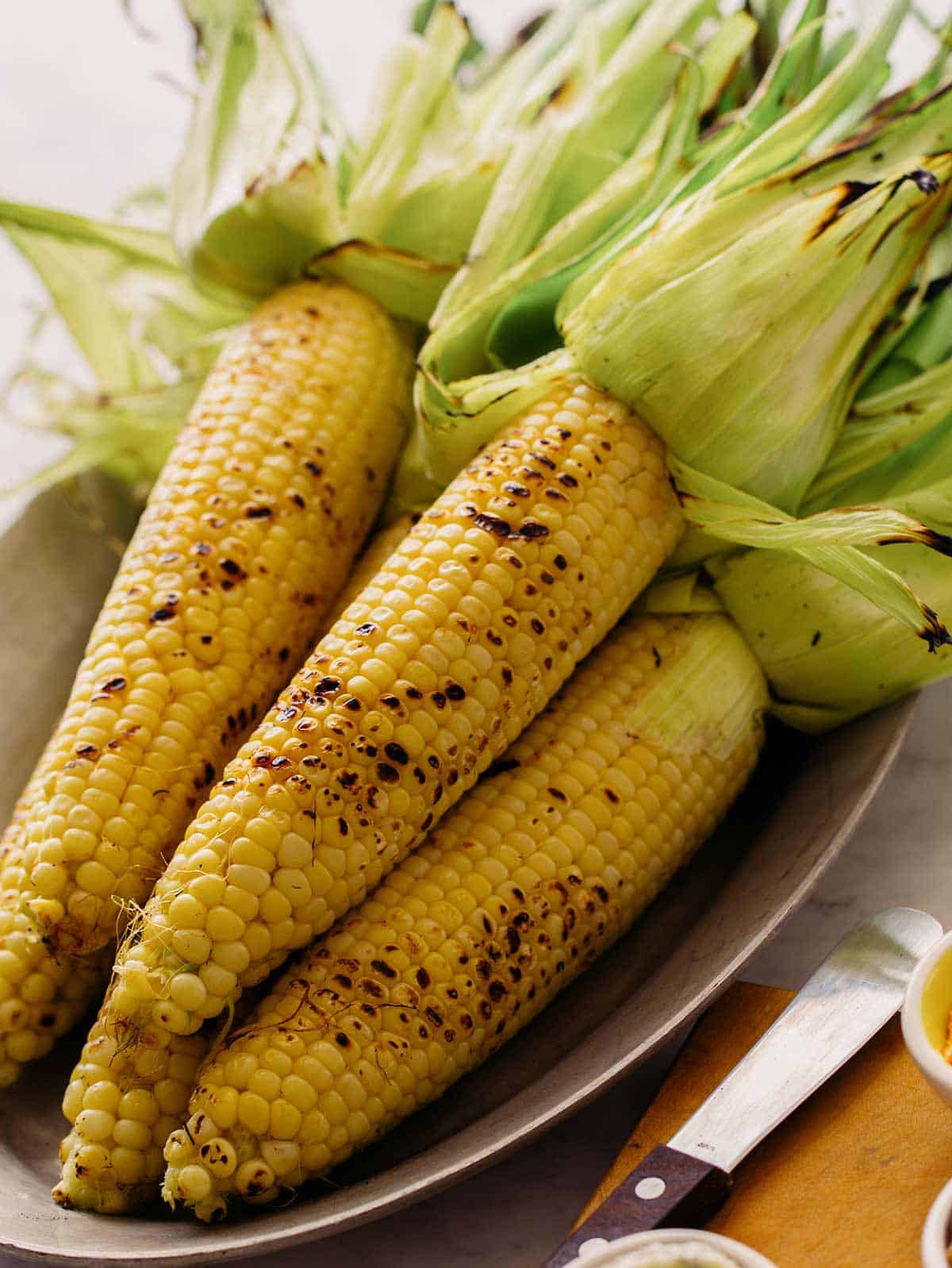 Blistered corn on the cob. 