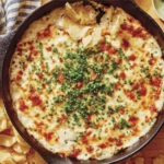Crab dip recipe in a skillet with potato chips on the side.