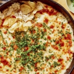 Crab dip recipe in a skillet with potato chips on the side.