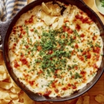 Crab dip in a skillet on a table with chips on the side.
