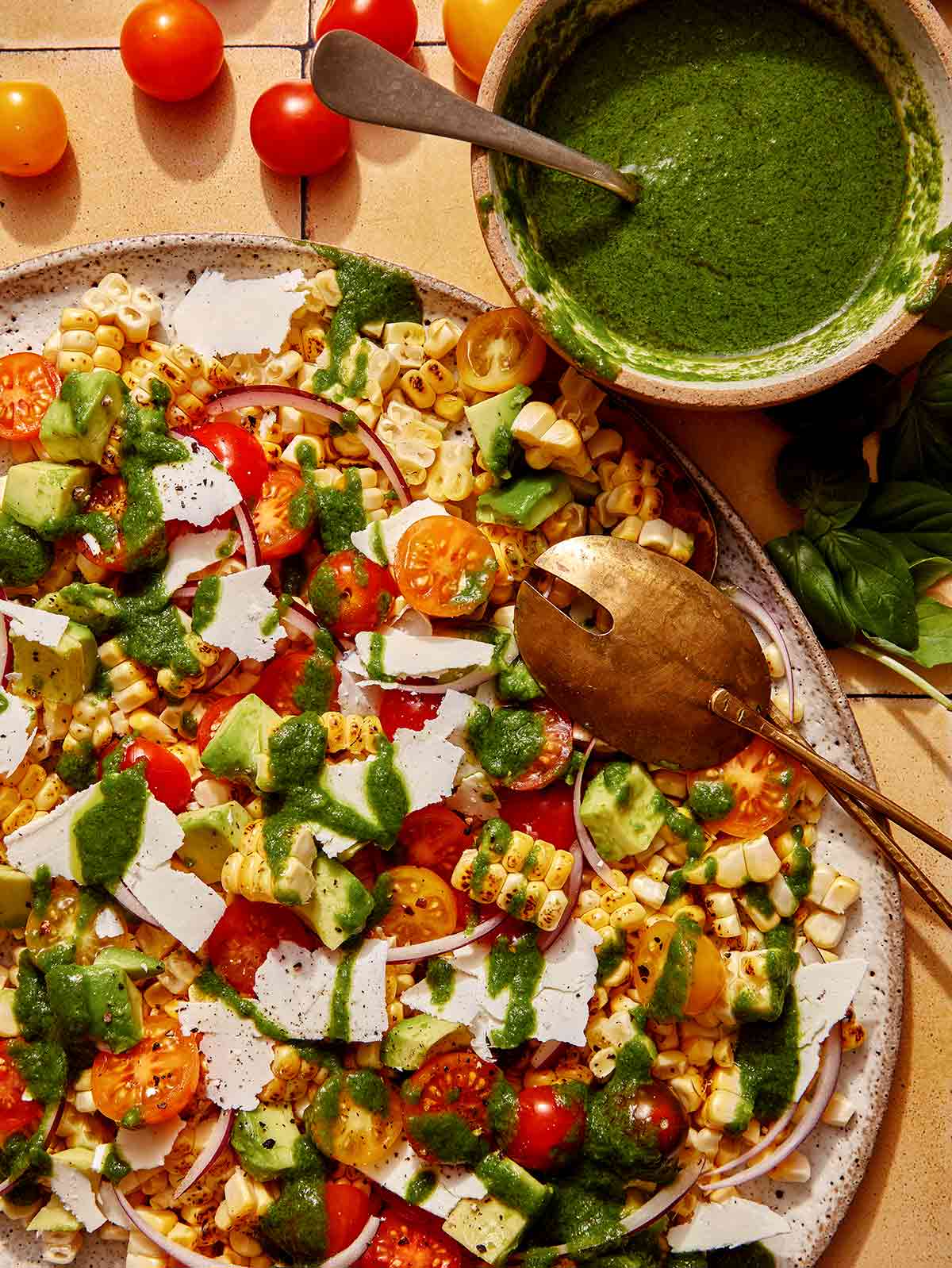 Summer corn salad recipe on a platter. 