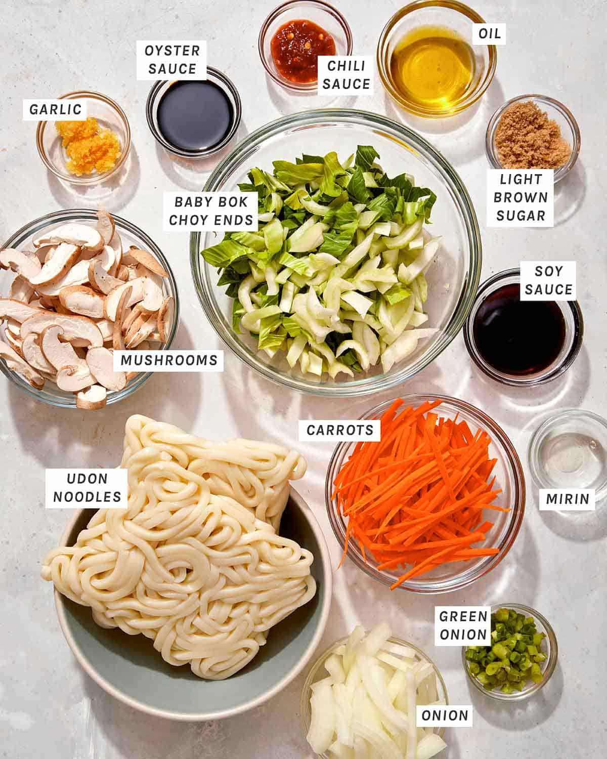 Yaki udon ingredients to make a yaki udon recipe.