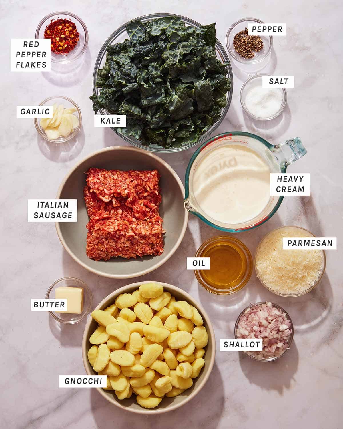 Keptų gnocchi ingredientai.